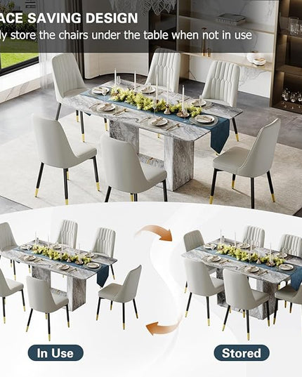 Dinner Table Set for 6, 7 Piece Dining Table Set with Chairs, 63" Faux Marble Modern Table with 6 PU Leather Upholstered Chairs, for Kitchen & Dining Room