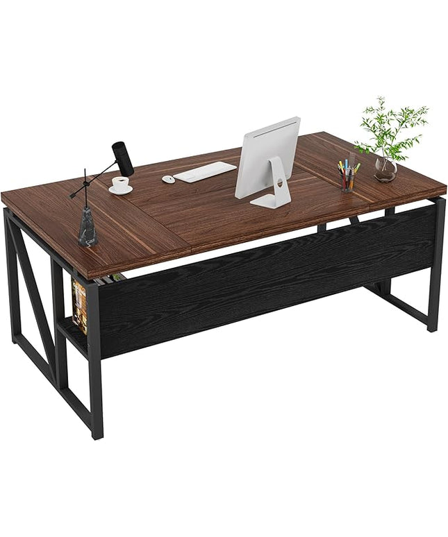 Tribesigns 63 inches Computer Desk with Bottom Storage Shelf Home Office Desk Writing Table for Workstation, Dark Walnut + Steel Leg, Cabinet not Included (Dark Brown, 63-inch-with-Shelf)