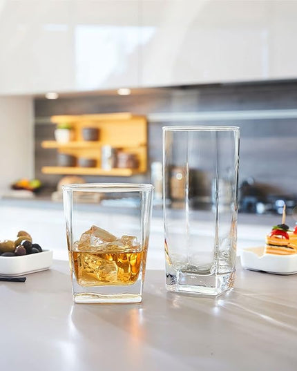 Everyday Drinking Glasses Set of 8 Drinkware Kitchen Glasses for Cocktail, Iced Coffee, Beer, Ice Tea, Wine, Whiskey, Water, 4 Tall Highball Glass Cups & 4 Short Old Fashioned.