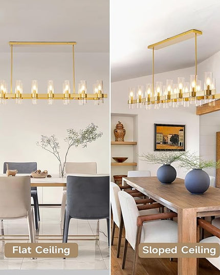 Gold Linear Chandeliers for Dining Room, 54" Rectangle Chandelier with Glass, 16-Light Modern Chandeliers Over Table, Farmhouse Chandelier for Kitchen Island, Industrial Pendant Light Fixtures