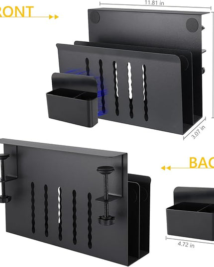 2 TIER Desk Side Storage Upgraded Under Desk Organizer, No Drill Hanging Laptop Holder Under Desk, Clamp-On Table Side Tray Steel Desktop Organization for Office and Home (Black)