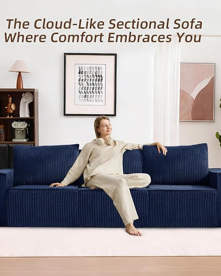 102” Boneless Modular Couch, 3 Seater Cloud Sofa for Living Room, Modern Sectional Sofa with Deep Seat, Comfy Fluffy Loveseat Couch, No Assembly Required,Blue