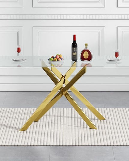 51" Rectangular Glass Dining Table Modern Kitchen Glass Top Table for 4 with Gold Metal Legs, Clear Dining Table Kitchen Table for Home Office Dining Room