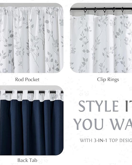 Beauoop Floral 100% Blackout Curtains 84 Inches Long 2 Panels for Bedroom Living Room Grey White Flower Patterned Room Darkening Thermal Insulated Soundproof Rod Pocket Back Tab Window Drapes, 52X84