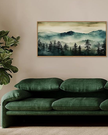 HOURIA Large Boho Mountain Forest Framed Canvas Wall Art Set,Nature Foggy Woodland Wall Decor,Modern Pine Tree Artwork,Watercolor Botanical Art Print for Living Room,Bedroom,Farmhouse- 20"×40"×1