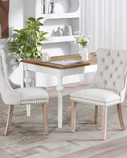 SoarFlash Linen Fabric Dining Chair Set of 2, Upholstered Tufted Dining Room Chair with Nailhead Trim and Solid Light Color Wood Leg for Kitchen (Beige)