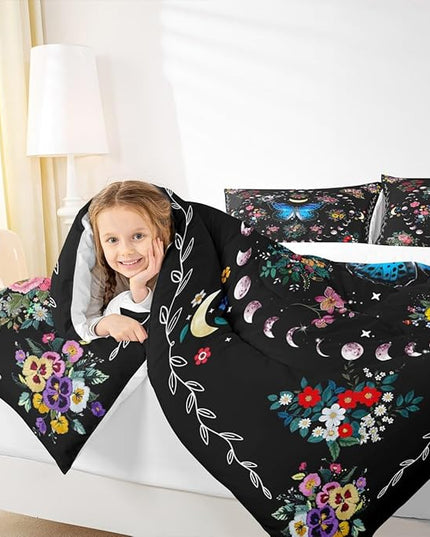Sun and Moon Kids Comforter Set King Size,Starry Sky Galaxy Planet Trippy Bedding Set,Boys Girls Adults Room Decor,Butterfly Flowers Boho Exotic Down Comforter,Colorful Duvet Insert,2 Pillowcases