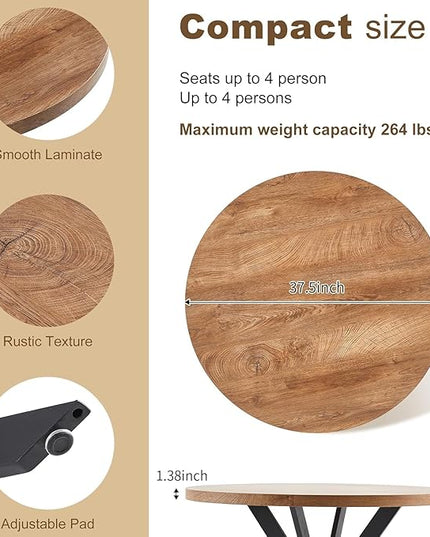 37" Round Dining Table Set for 4, Mid Century Modern Small Coffee Set for Dining Room Kitchen Apartment (Walnut Table + 4 PU Leather Beige Chairs)