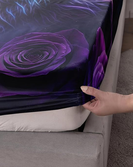 AILONEN Howling Night Wolves Bedding Sheet Set, Twin XL Size, Wolf Moon with Purple Rose Bedding Set for All Season,Wild Animal Pattern Bed Sheets,Soft Microfiber,1 Fitted Sheet and 2 Pillowcases