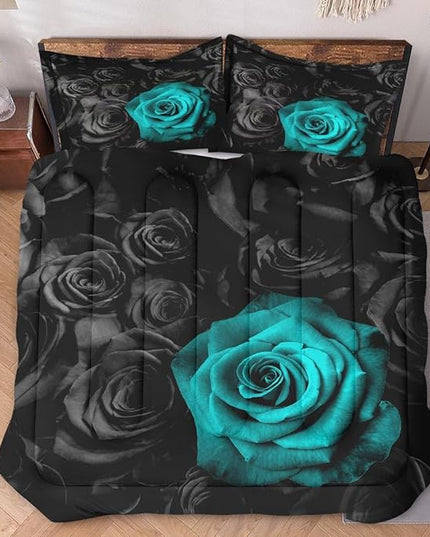 Twin Size Comforter Set with Pillowcase, Cyan Rose Flower 2 Pcs Bedding for Kids and Adults, Summer Vintage Floral Soft Comforter Set for Bedroom Bed Decor