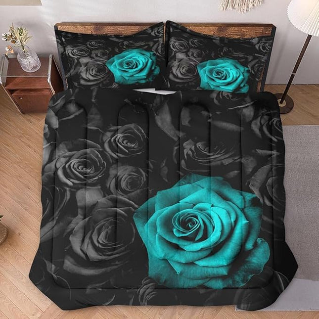 Twin Size Comforter Set with Pillowcase, Cyan Rose Flower 2 Pcs Bedding for Kids and Adults, Summer Vintage Floral Soft Comforter Set for Bedroom Bed Decor