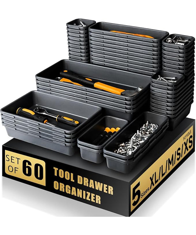 [60 PCS Upgraded] FLYVOLE Tool Box Organizer Tray, Toolbox Desk Drawer Organizer, Tool Box Tray, Toolbox Organization Storage for Rolling Tool Chest (60 PCS)