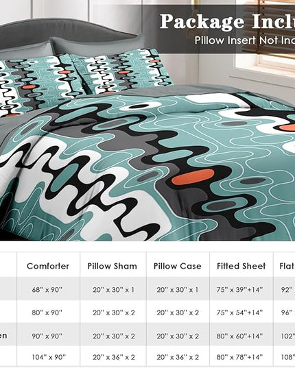 Comforter Set Queen Size, Mid Century Retro Stripe 7 Pcs Bedding for Kids and Adults, Vintage Cool Bed Sheet Sets with Fitted Sheet 2 Pillowcases & 2 Shams for Bedroom Bed Decor