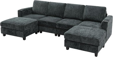 110" Chenille U-Shape Sofa with Flexible Ottomans, Comfy Sectional Sofa with 2 Built-in Cup Holders, Convertible 4 Seats Couch with Well-Filled Back Cushions for Living Room, House, Grey