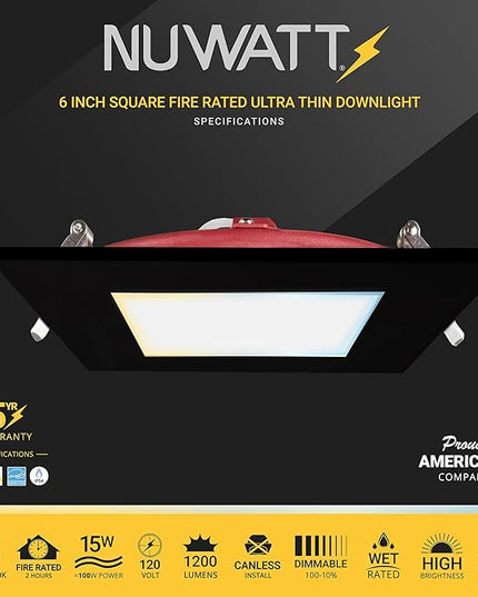 NUWATT 2 Hour Fire Rated Recessed Lighting 6 Inch, Square LED Lights, 5 CCT 2700K/3000K/3500K/4000K/5000K, 15W, Dimmable 1200LM, Black Recessed Lights, Wet & IC Rated, ETL, No Tenmat Needed, 6 Pack