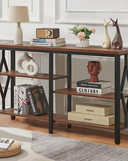 HOMBAZAAR Console Sofa Table, Rustic Entryway Table with Metal Frame and Open Shelves, Industrial Hallway Table with 3 Tier for Entry, Living Room, Foyer,Brown,47 inch