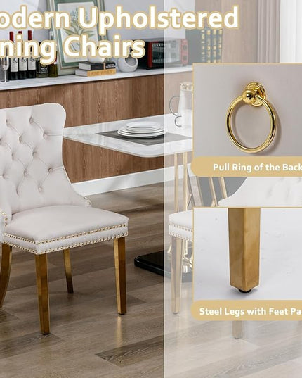 60.63in Rectangular Glass Dining Table Set for 6, Glass Gold Kitchen Table and Chair Set for 6, Modern 7 Piece Dining Room Set with 6 Fabric Upholstered Chairs, Metal Legs Home Kitchen Furniture