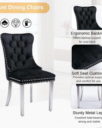 7 Piece Dining Table Set, Modern Glass Dining Table Set for 6, 70" Luxury Glass Table w/Silver Stainless Steel Base & 6 Black Tufted Chairs, Kitchen Dining Room Sets for 6 for Breakfast Dinner Dinette