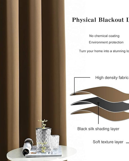Blackout Curtains for Bedroom Thermal Insulated Light Blocking Room Darkening Curtains Solid Grommet Window Drapes for Living Room, Set of 2 Curtain Panels 52 W x 63 L inch Long Coffee