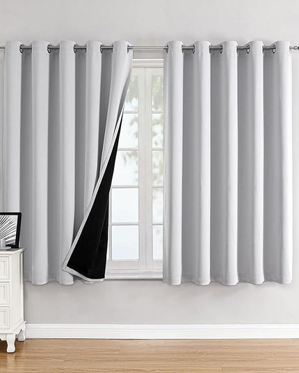 ChrisDowa 100% Blackout Curtains 63 inch Long for Bedroom with Black Liner, Extra Wide 2 Layers Total Blackout Thermal Insulated Grommet Window Curtains 2 Panels Set (Greyish White, 60 x 63 Inch)