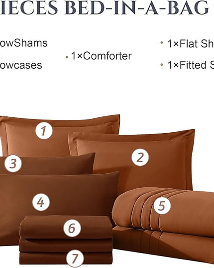 Monbix King Size Comforter Set - 7 Pieces Bed in a Bag King, Burnt Orange Bedding Sets with Comforter, All Seasons Down Alternative Comforter Bed Set with Sheets, Pillowcases & Shams