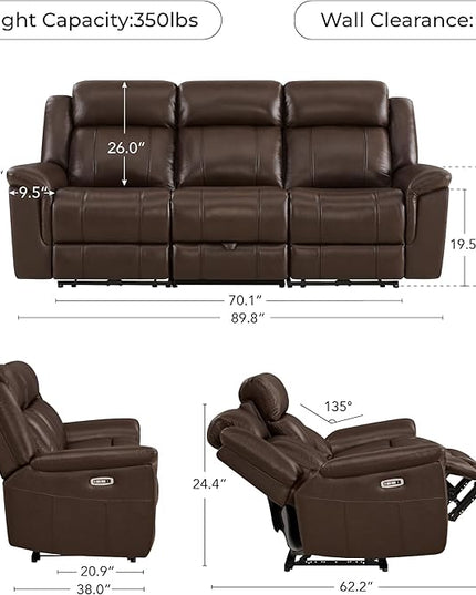 CHITA Genuine Leather Power Recliner Sofa, Wall Hugger Reclining Sofa with Drop Down Table, Power Headrest, Drawers, Charging Ports, Reclining Sectional Couch for Living Room, RV, Dark Brown