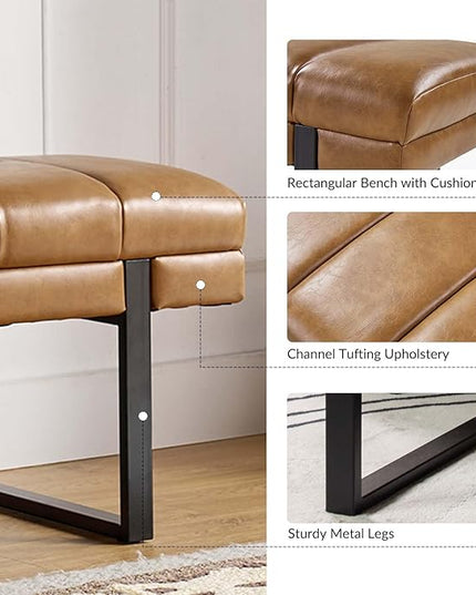 HULALA HOME 53" Faux Leather Entryway Bench, Button Tufted End of Bed Bench Ottoman for Bedroom, Living Room with Metal Base,Camel
