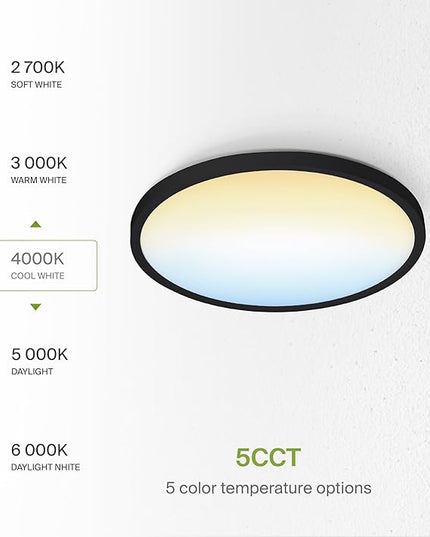 ASD LED 12" Round Flush Mount Ceiling Light Fixture, Low Profile Surface Lighting | 5CCT, Dimmable, Ultra-Thin, ETL Listed | 24W 1900LM 2700-6000K 120V | Kitchen, Bedroom, Hallway Lamp | Black