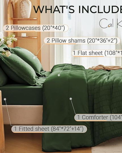 MUXHOMO 7 Pieces California King Comforter Set, Seersucker Bed in a Bag Cal King Size, All Season Luxury Bedding Set with Comforter, Flat Sheet, Fitted Sheet, Pillowcases & Shams, Dark Green