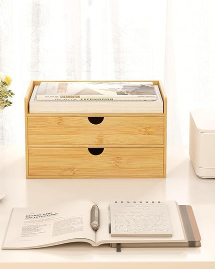 Wisuce Bamboo Desk Organizer - Mini Bamboo Desk Drawer Tabletop Cosmetic Storage Organization for Office or Home (Nature 2 Drawers)