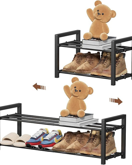 2-Tier Expandable Shoe Rack,Adjustable Shoe Shelf Storage Organizer Heavy Duty Metal Free Standing Shoe Rack for Entryway Closet Doorway (Black)