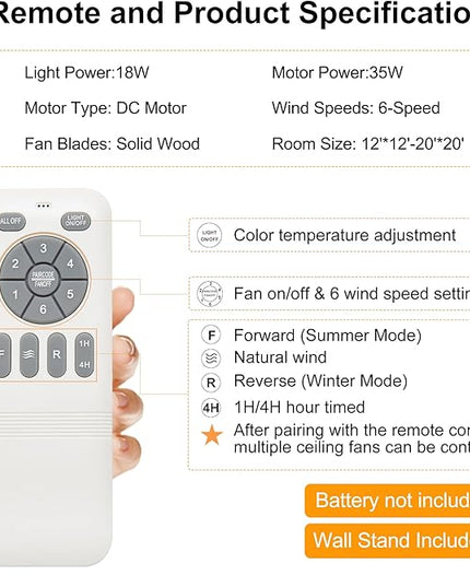 52" Ceiling Fan with Light - Low Profile Flush Mount Ceiling Fan, 6-Speed Remote Control, Solid Wood, Quiet Reversible DC Motor, Boho Style, for Bedroom, Living Room, Porch White/Gold