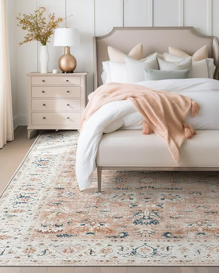 jinchan Area Rug 5x7 Living Room Rug - Washable Vintage Boho Floral Print Floor Cover Lightweight Low Pile Thin Non-Slip Retro Distressed Carpet for Bedroom Dining Room Kitchen Office Pink Blush