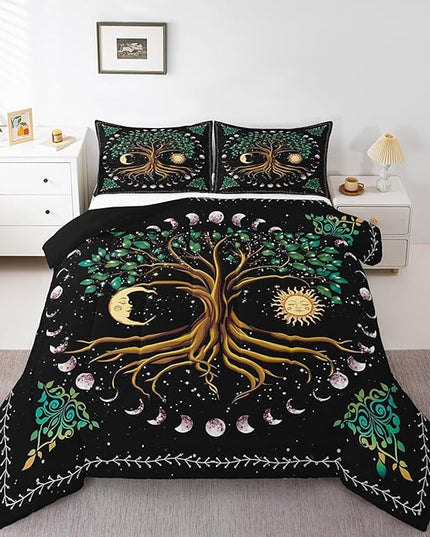 Tree Artwork Kids Comforter Set Full Size,Sun Moon Starry Sky Galaxy Trippy Bedding Set,Boys Girls Adults Room Decor,Boho Exotic Psychedelic Down Comforter,Watercolor Duvet Insert,2 Pillowcases