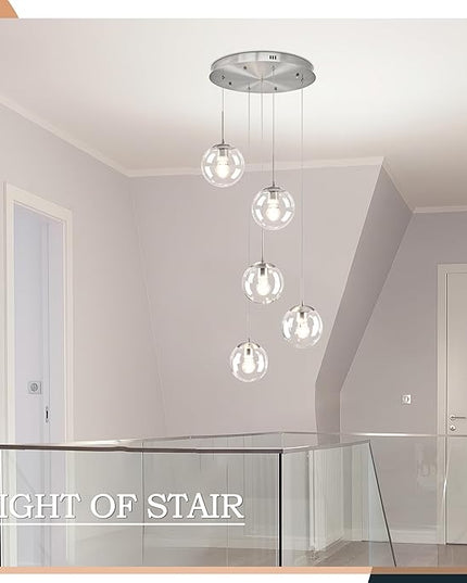 KoKo&Yukina 5-Light Globe Glass Pendant Light Adjustable Length Pendant Lights Modern Nickel Clear Globe Glass Chandelier High Ceiling Lights Fixtures for Foyer Hallway Staircase (Bulb & Remote Incl)