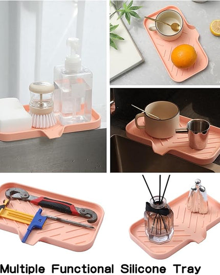 Silicone Bathroom Soap Dishes with Drain Spout-Bathroom and Kitchen Sink Organizer,Sponge Holder,Dish Soap Tray,Perfect for Dispenser,Scrubber,Bottle,Cup on Sink or Counter-Pink 9.6"×5.3"