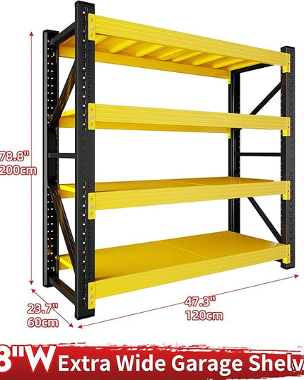 4000LBS Garage Shelving 48" W Garage Shelving Heavy Duty 4-Tier Metal Storage Shelves Adjustable Shelf Unit Storage Rack for Basement Supermarket Warehouse 48" W x 24" D x 78" H Yellow