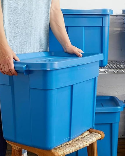 Rubbermaid Roughneck Tote 18 Gal, 10 Pack, Made in USA, Heritage Blue, Rugged Plastic Stackable Storage Bins with Lids and Handles