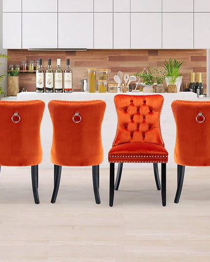 SoarFlash Velvet Dining Chairs Set of 4, Tall Back Side Chair, Modern Upholstered High-end Tufted Side Chair with Button Back Ring, Solid Wood Legs (Orange)