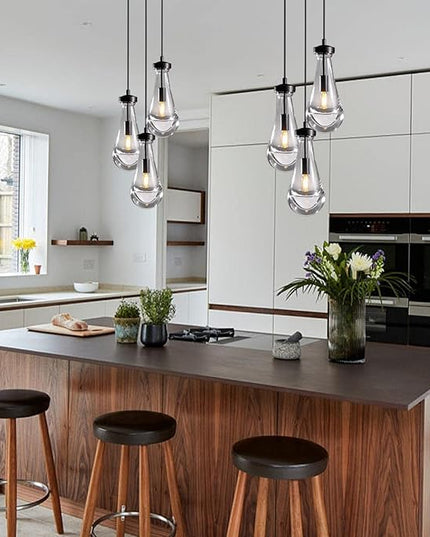 Bronze 3 Light Pendant Lighting, Raindrop Pendant Lights, Black Adjustable Hanging Rope Cluster Pendant Lighting Over Kitchen Island, Teardrop Glass Chandelier Dining Room Light Fixture