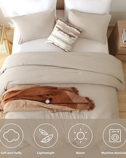 ROSGONIA Oversized King Comforter 128x120, 3pcs Super King Plus Comforter Set (1 Light Khaki Comforter & 2 Pillowcases) Lightweight Oversized King Bedding Set Quilt