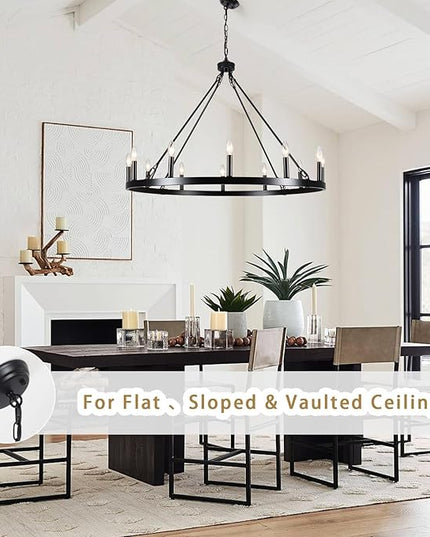 Wagon Wheel Chandelier 12 Lights 38" Large Black Farmhouse Chandelier for Dining Room Chandelier Rustic Country Pendant Light Fixtures Round Chandeliers for Living Room Outdoor High Ceilings Foyer