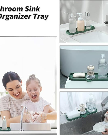 Silicone Bathroom Soap Dishes with Drain Spout-Bathroom and Kitchen Sink Organizer,Sponge Holder,Dish Soap Tray,Perfect for Dispenser,Scrubber,Bottle,Cup on Sink or Counter-Green 12"×4"