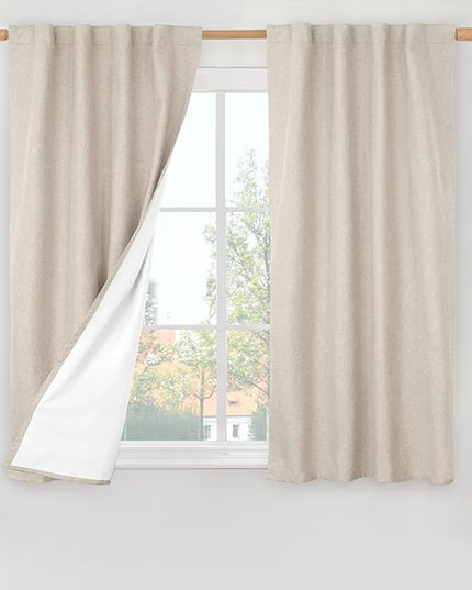 LAMIT Linen Full Blackout Window Curtains for Bedroom, 54 Inches Thermal Farmhouse Curtains Back Tab and Rod Pocket Privacy Protected Burlap Panels with White Liner, 2 Panels, 38 x 54 Inch, Oatmeal