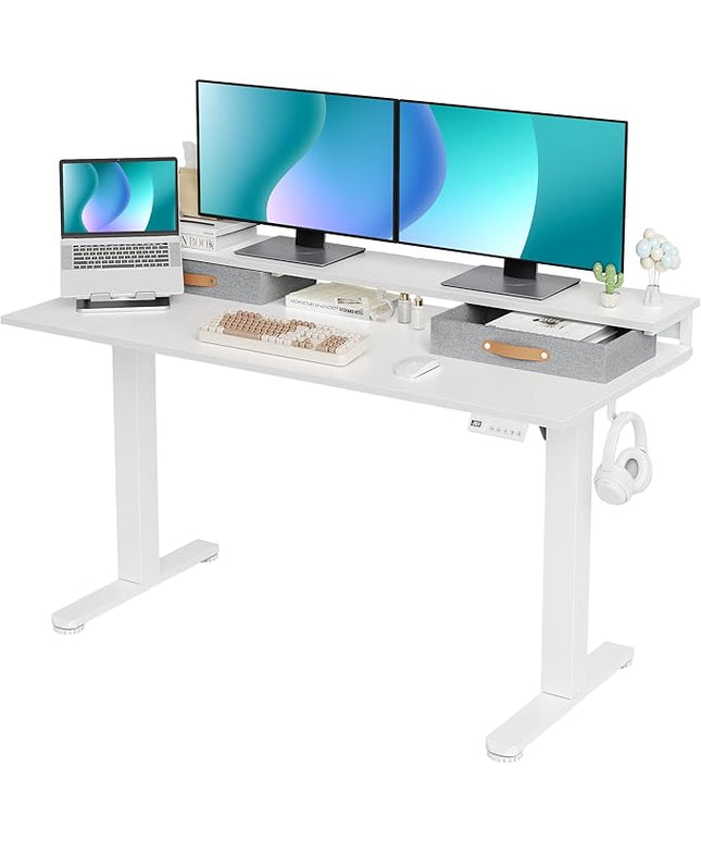 Claiks Electric Standing Desk with 2 Drawers, Adjustable Standing Desks with Storage, Height Adjustable Stand up Desk for Home Office with 2 Hooks,55 Inch White