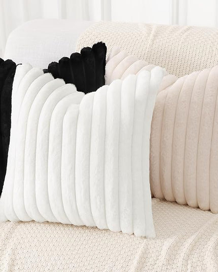 decorUhome Faux Fur Spring Throw Pillow Covers 12x20 Set of 2, Decorative Soft Plush Striped Lumbar Neutral Couch Euro Pillow Covers with Velvet Back for Sofa, Bed, Living Room Home Decor, White