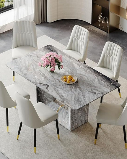 Dinner Table Set for 6, 7 Piece Dining Table Set with Chairs, 63" Faux Marble Modern Table with 6 PU Leather Upholstered Chairs, for Kitchen & Dining Room