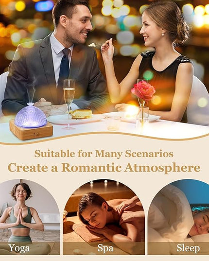 Glass Essential Oil Diffuser with Glass Reservoir & WoodBase, 200ml Ultrasonic Lock Color Timer Auto-Off 7 Color Light Aroma Glass Dome Diffuser for Home Office Bedroom Yoga