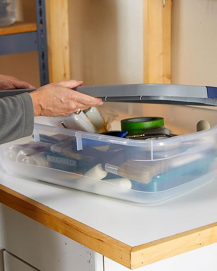 Rubbermaid Roughneck Clear 31 Qt/ 7.75 Gal Storage Containers, Pack of 6 with Snap-Fit Grey Lids, Visible Base, Sturdy and Stackable, Great for Storage and Organization