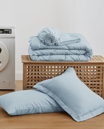 Love's cabin Twin Comforter Set Light Blue, 5 Pieces Twin Bed in a Bag, All Season Bedding Sets with 1 Comforter, 1 Flat Sheet, 1 Fitted Sheet, 1 Pillowcase and 1 Pillow Sham